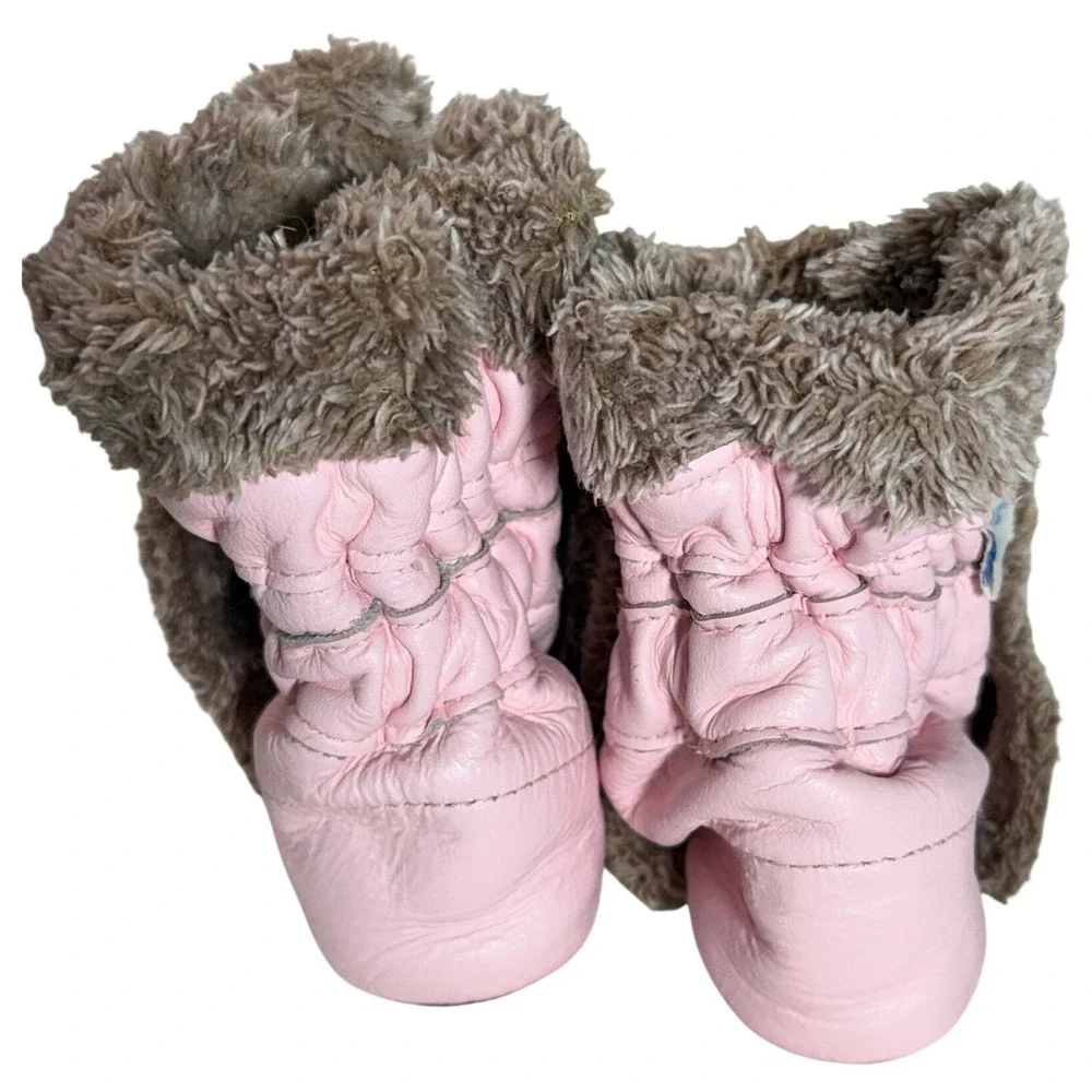 Robeez Pink Leather Faux Fur Trim Booties Soft Sole Baby Shoes 18-24 Months